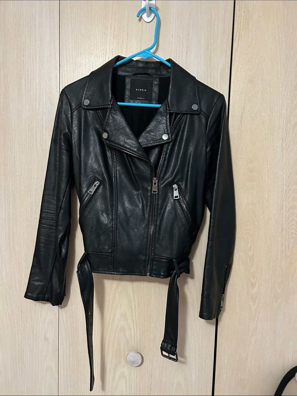 Elodie Black Leather Moto Jacket with Zip Pockets and Belt
